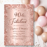 Ninety & Fabulous Rose Gold Glitter 90th Birthday Invitation<br><div class="desc">Celebrate in style with this Modern Rose Gold Glitter "90 and Fabulous" Birthday Invitation. This chic and feminine design features shimmering rose gold glitter details, a graceful swash tail calligraphy script, and a soft blush pink metallic foil-look background. Perfect for a glamourous ninety and fabulous birthday party or any milestone...</div>
