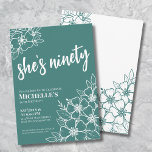 Ninety Floral 90th Birthday Party Invitation<br><div class="desc">Elegant Ninetieth Green 90th Birthday Party Invitation. A fun but elegant 50th birthday party invitation with green and white flowers for the young at heart. Please note that the gold will not have any actual shine to it, it's simply a colour. A playful flower pattern frames a script typography "she's...</div>