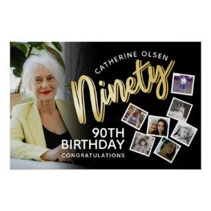Ninety gold 90th Birthday 8 photos on black Poster