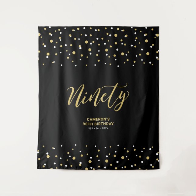 Ninety Gold & Black 90th Birthday Party Backdrop Tapestry (Front)