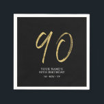 Ninety | Gold & Black Lettering 90th Birthday Napkin<br><div class="desc">This simple custom napkin will add stylish details to your 90th birthday party. This design features gold chic lettering "90" with custom text on a black background. Matching invitations and party supplies are available in my shop BaraBomDesign.</div>