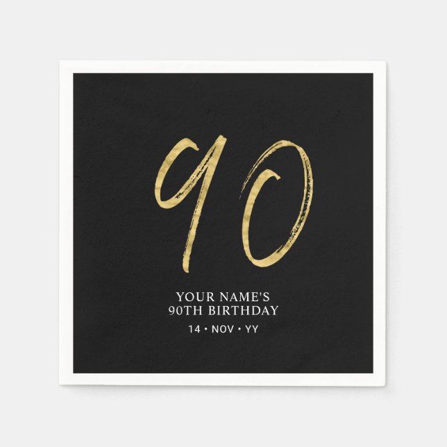 Ninety | Gold & Black Lettering 90th Birthday Napkin (Front)