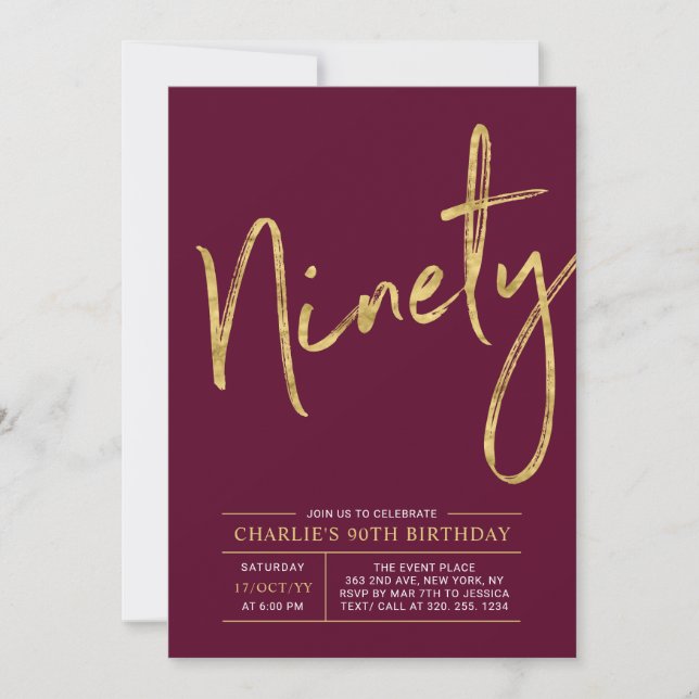 Ninety | Gold Burgundy Red 90th Birthday Party Invitation (Front)