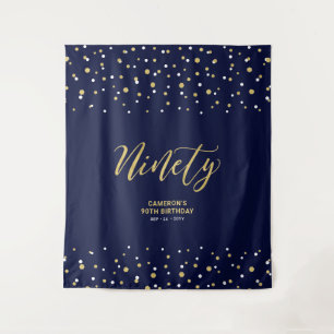 Ninety Gold & Navy 90th Birthday Party Backdrop Tapestry