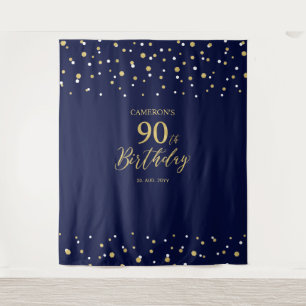 Ninety Gold & Navy 90th Birthday Party Backdrop Tapestry