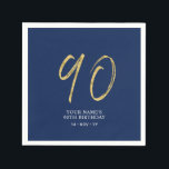 Ninety | Gold & Navy Blue Lettering 90th Birthday Napkin<br><div class="desc">This simple custom napkin will add stylish details to your 90th birthday party. This design features gold chic lettering "90" with custom text on a navy blue background. Matching invitations and party supplies are available in my shop BaraBomDesign.</div>