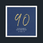 Ninety | Gold & Navy Blue Lettering 90th Birthday Napkin<br><div class="desc">This simple custom napkin will add stylish details to your 90th birthday party. This design features gold chic lettering "90" with custom text on a navy blue background. Matching invitations and party supplies are available in my shop BaraBomDesign.</div>