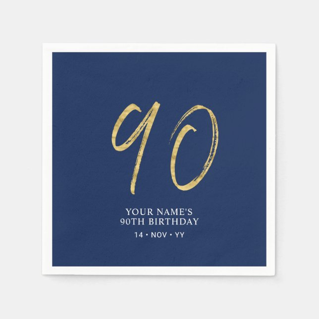 Ninety | Gold & Navy Blue Lettering 90th Birthday Napkin (Front)