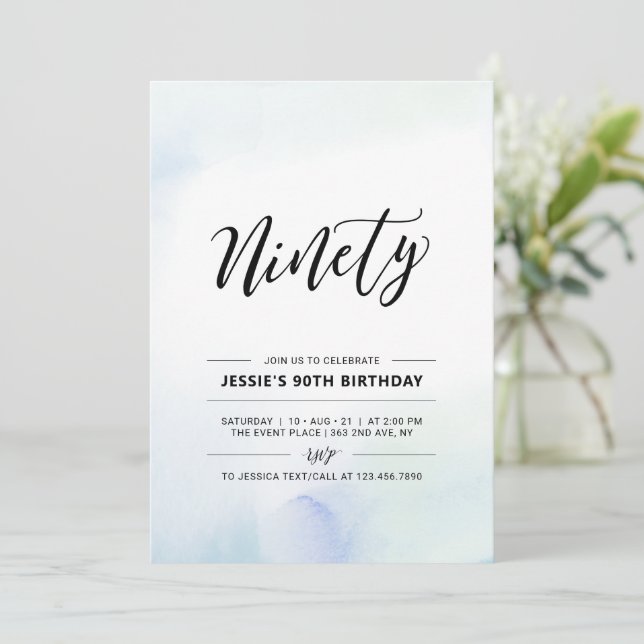 Ninety Minimal 90th Birthday Party Watercolor Invi Invitation (Standing Front)