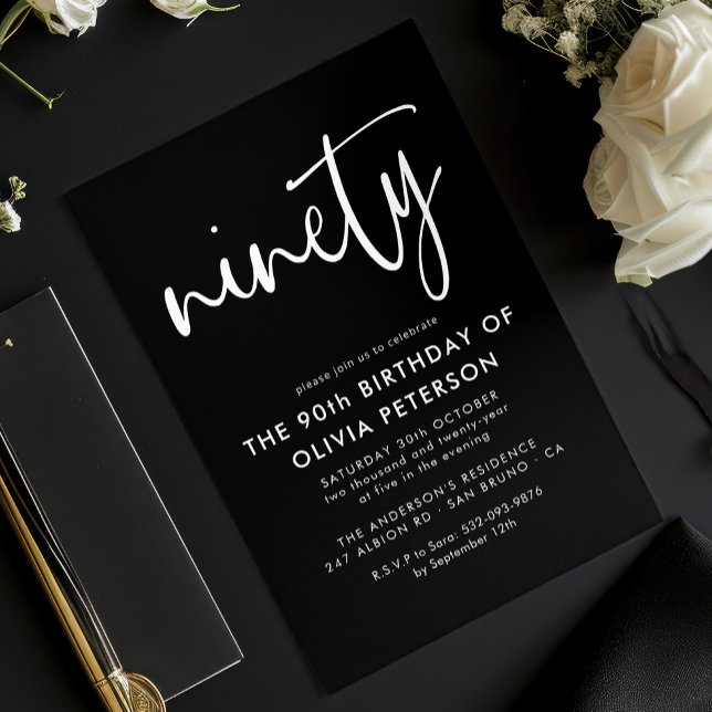 Ninety | Modern 90th White on Black Birthday Party Invitation (Creator Uploaded)