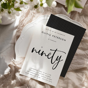 Ninety   Modern B&W 90th Birthday Party Typography Invitation