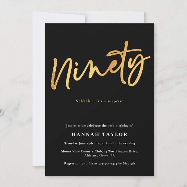 Ninety Modern Black Gold 90th Birthday Invitation (Front)