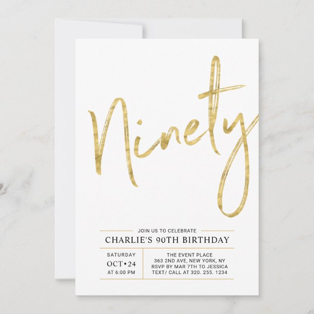 Ninety | Modern Gold Brush 90th Birthday Party Invitation (Front)