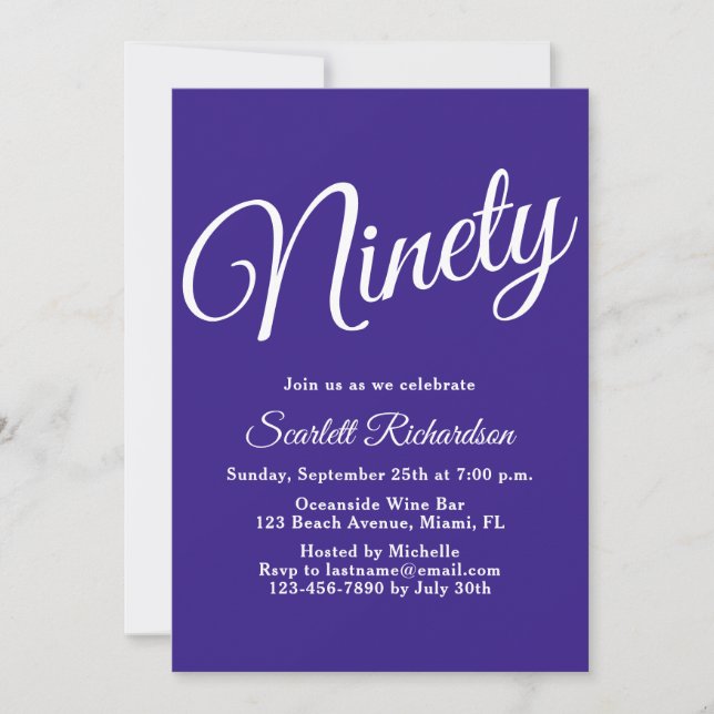 Ninety Modern Script Purple 90th Birthday Party Invitation (Front)