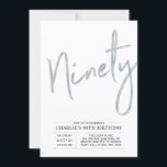 Ninety | Modern Silver Brush 90th Birthday Party Invitation<br><div class="desc">Celebrate your special day with this simple stylish 80th birthday party invitation. This design features a brush script "Ninety" with a clean layout in black & silver colour combo. More designs and party supplies are available at my shop BaraBomDesign.</div>
