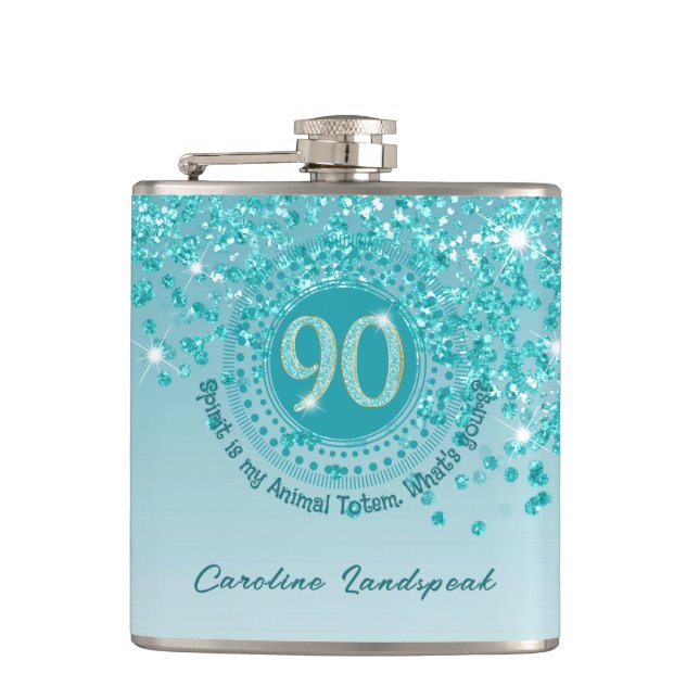 Ninety & Teal Blue Glitter & Drinking Quote Hip Flask (Front)