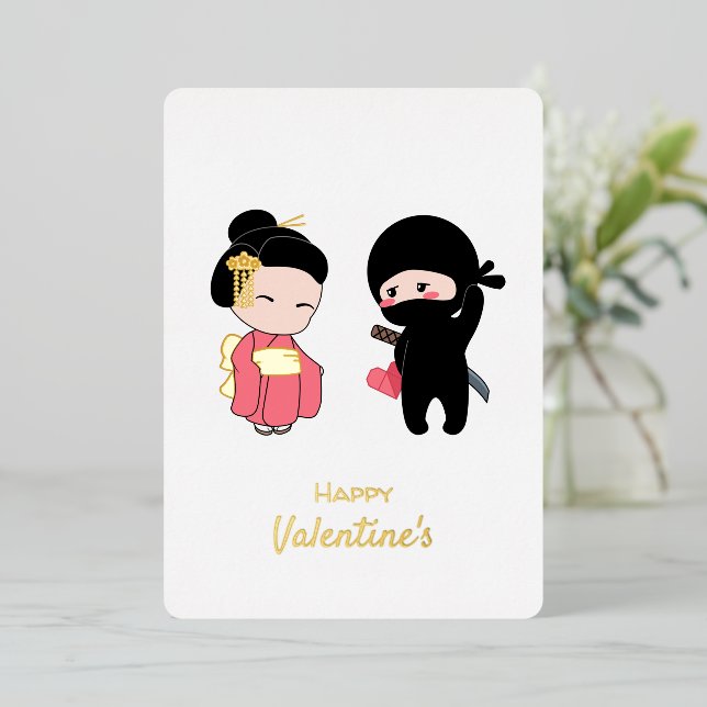 Ninja and Geisha Happy Valentine Foil Holiday Card (Standing Front)