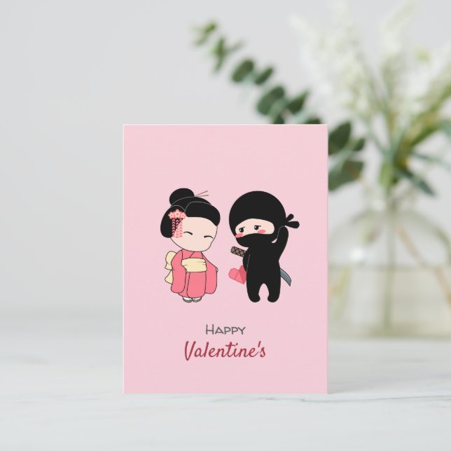 Ninja and Geisha Happy Valentine on Pink Holiday Postcard (Standing Front)