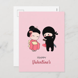 Ninja and Geisha Happy Valentine on Pink Holiday Postcard