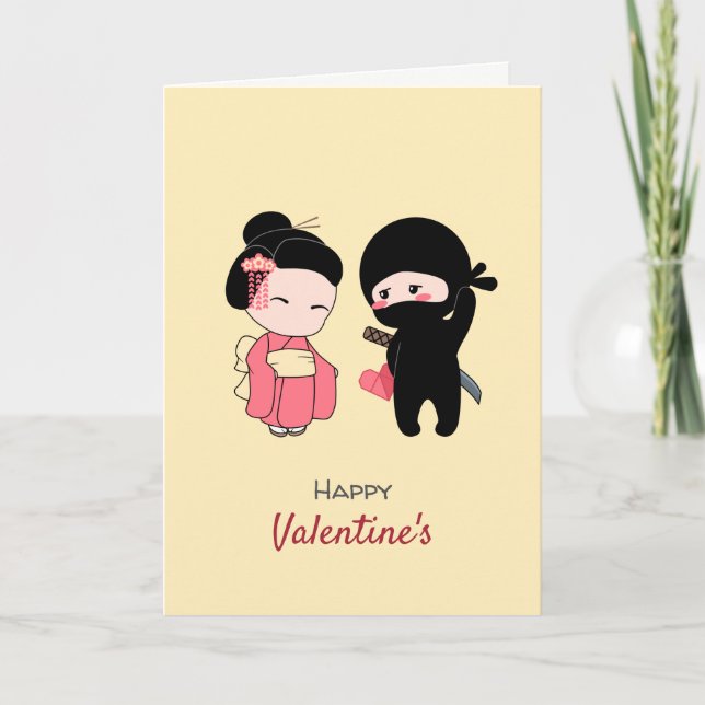 Ninja and Geisha Happy Valentine on Yellow Holiday Card (Front)