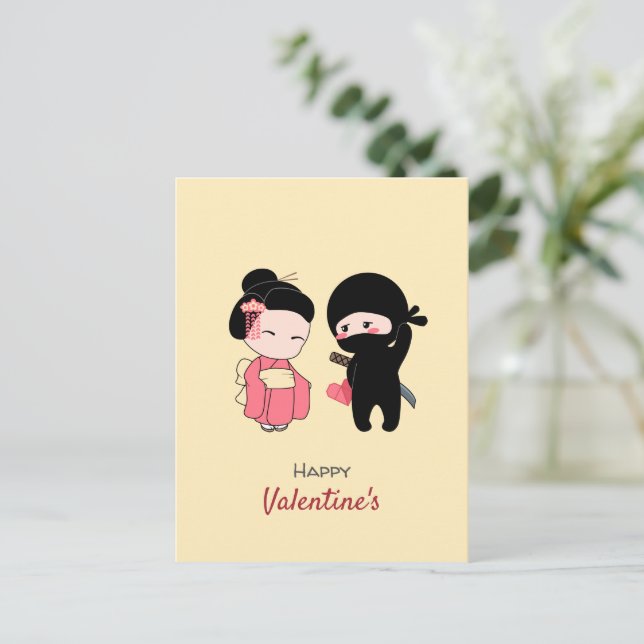 Ninja and Geisha Happy Valentine on Yellow Holiday Postcard (Standing Front)