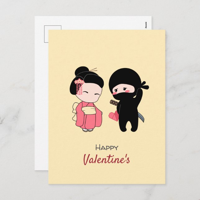 Ninja and Geisha Happy Valentine on Yellow Holiday Postcard (Front/Back)