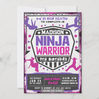 Ninja Athletic Warrior Pink Purple Birthday Party Invitation