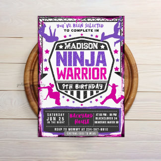 Ninja Athletic Warrior Pink Purple Birthday Party Invitation