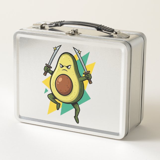 Ninja Avocado Cartoon – Funny Fruit Warrior Vector Metal Lunch Box (Front)