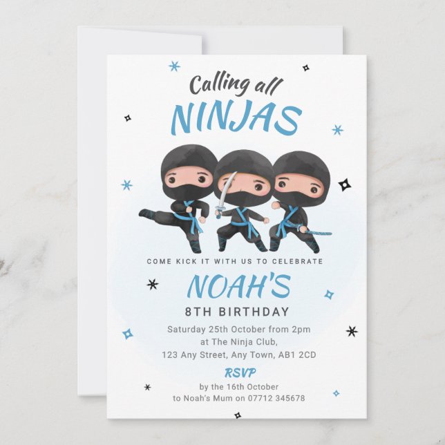 Ninja Birthday Invitation - Blue Karate Party (Front)