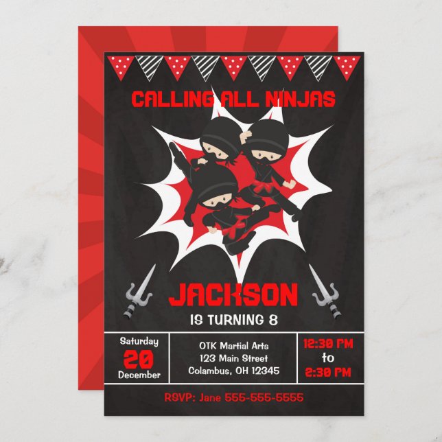 Ninja Birthday Invitation, Karate Ninja Party Invitation (Front/Back)