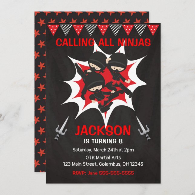 Ninja Birthday Invitation, Karate Ninja Party Invitation (Front/Back)