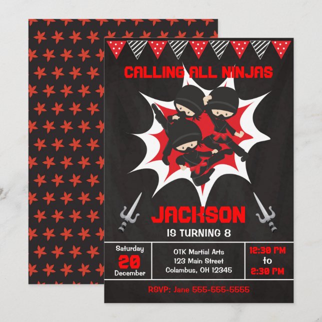 Ninja Birthday Invitation, Karate Ninja Party Invitation (Front/Back)