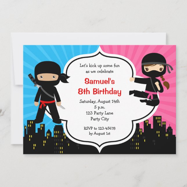 Ninja Birthday Invitations (Boy Girl Twins Joint) (Front)