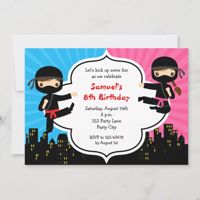 Ninja Birthday Invitations Boy Girl Twins Split (Front)