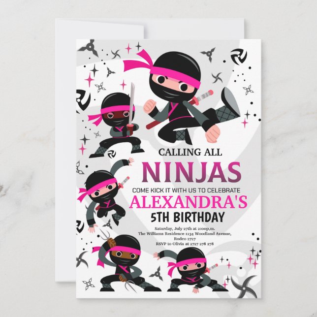 Ninja Birthday Party Invitation Karate Party Pink (Front)