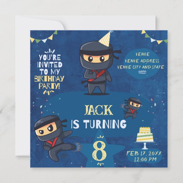 Ninja Birthday Party Invite-Blue Yellow Green Invitation (Front)