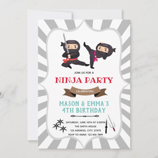 Ninja boy girl joint birthday Invitation (Front)
