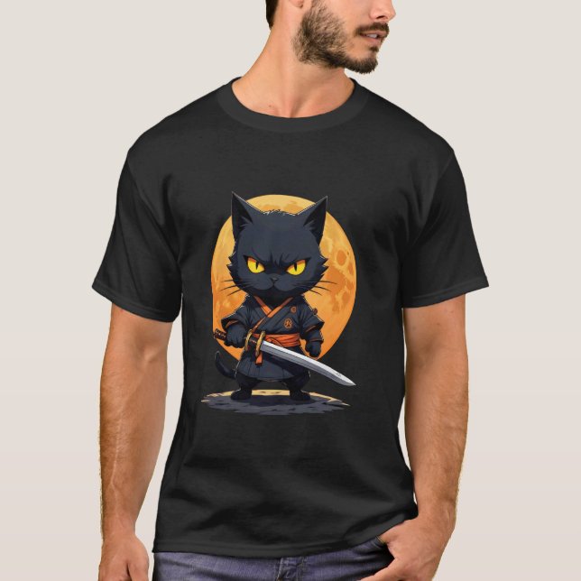 Ninja Cat Japanese Samurai Kawaii Cat T-Shirt (Front)