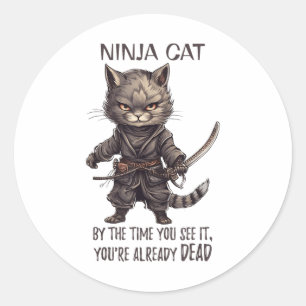 Ninja Cat, Japanese Samurai Kawaii Cat Tattoo Funn Classic Round Sticker
