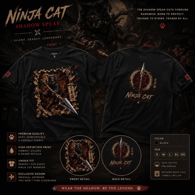 Ninja Cat Shadow Spear T-Shirt – 3D Pop-Up Warrior (Creator Uploaded)
