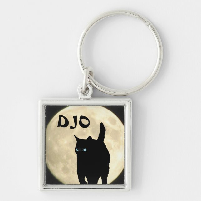 Ninja Cat Silhouette with Full Moon your initials Key Ring (Front)