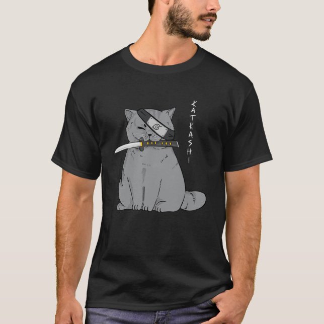Ninja Cat with Samurai Sword in Mouth T-Shirt (Front)
