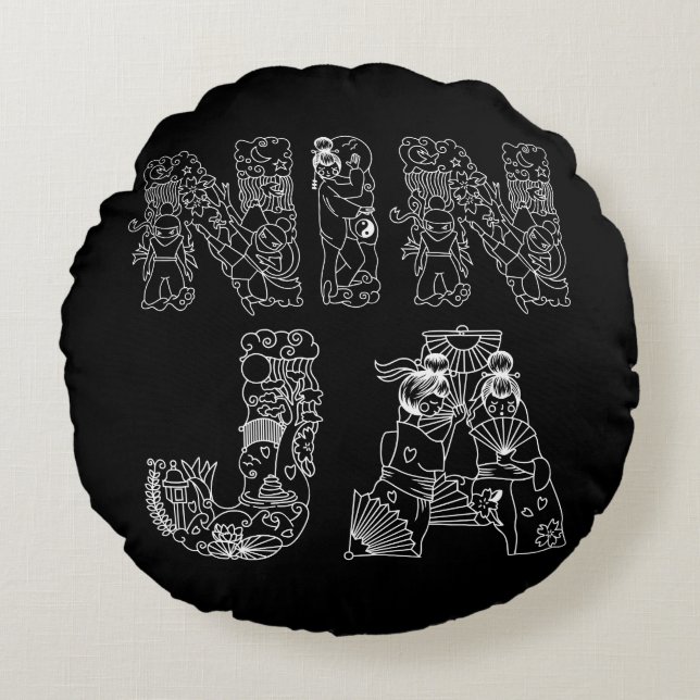 Ninja Cool White Text On Black Round Cushion (Front)