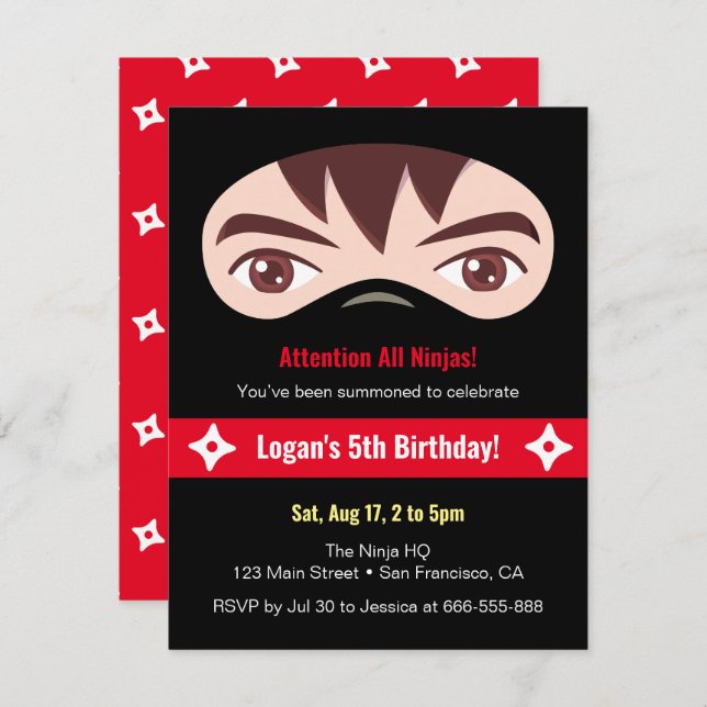 Ninja Face and Mask Kids Birthday Party Invitation (Front/Back)
