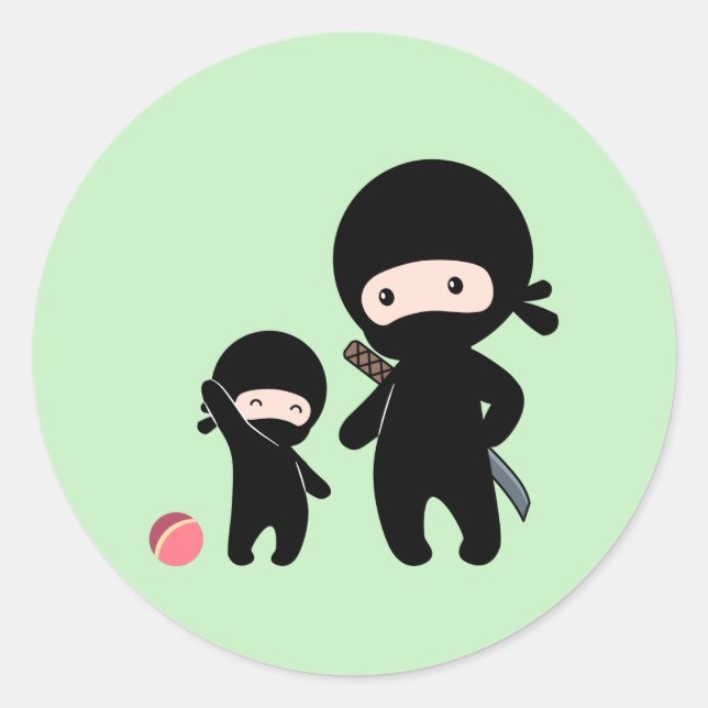 Ninja Father and Kid on Green Classic Round Sticker (Front)
