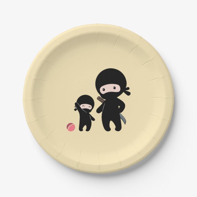 Ninja Father and Kid on Yellow Paper Plate (Front)