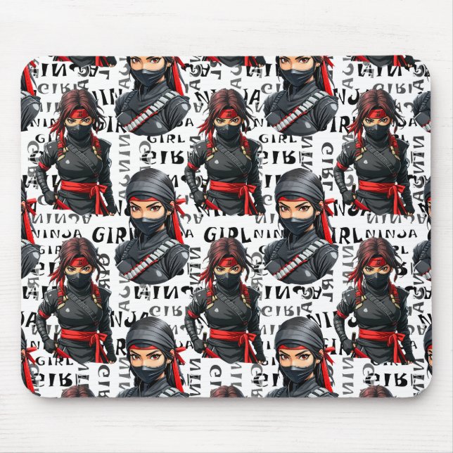 Ninja Girls Anime With Text Pattern Design Mouse Mat (Front)