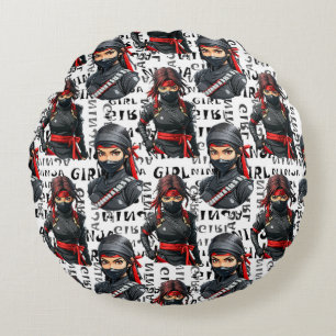 Ninja Girls Anime With Text Pattern Design Round Cushion