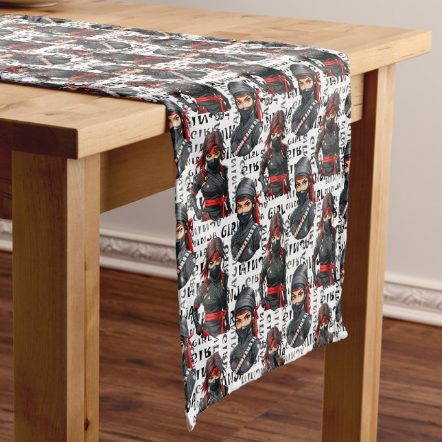 Ninja Girls Anime With Text Pattern Design Short Table Runner (Creator Uploaded)